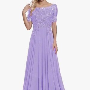 Lace Appliqués Chiffon Dress-Lilac-Size 12